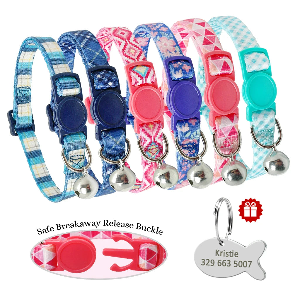 Beautiful Safety Cat Collar Cute Kitten Puppy Collars with Bell Nylon Print