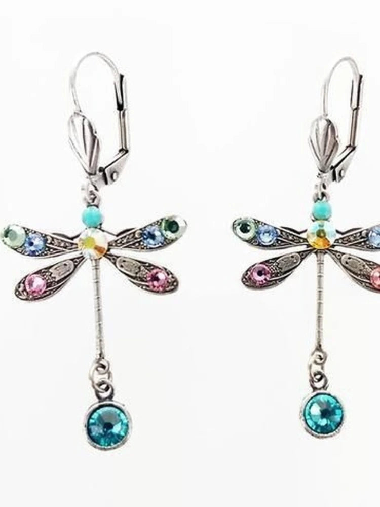 Elegant Personalized Carved Dragonfly Earrings Seven colored gems Hook Drop Earrings