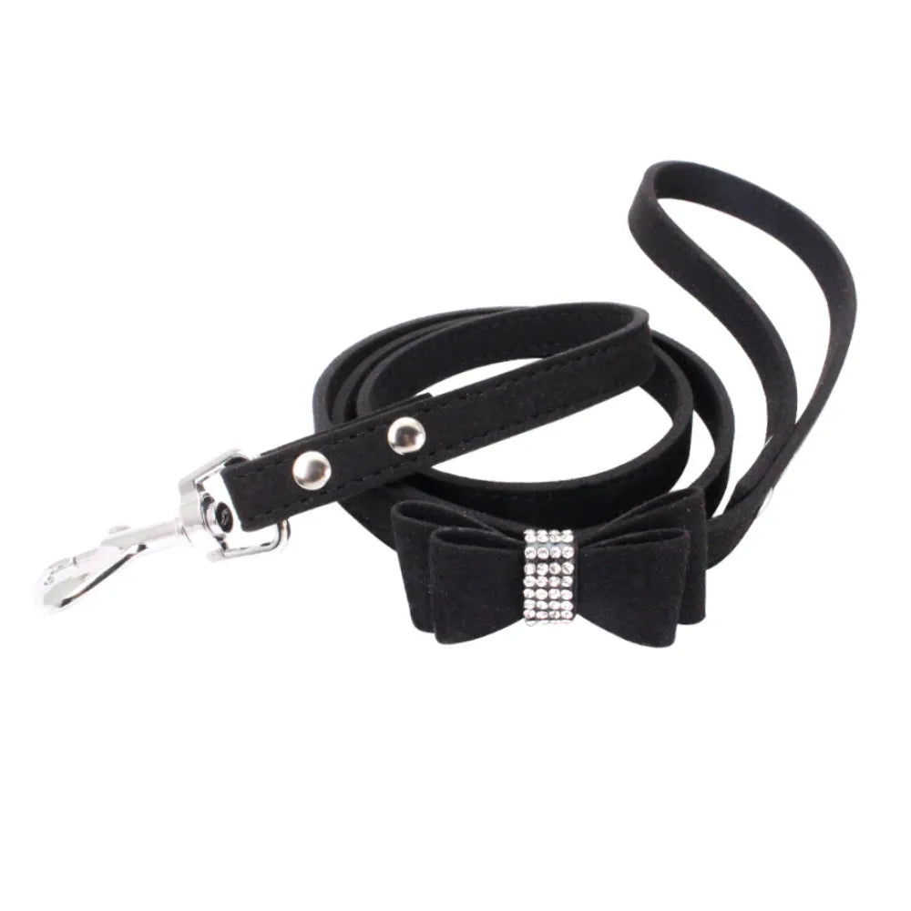 Dog Velvet Leather Collar Leash With Rhinestone Set