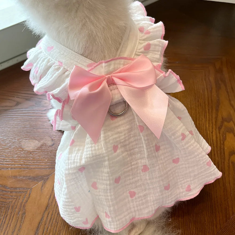 Dog Dress With Heart Print Bow Small Dog Clothing