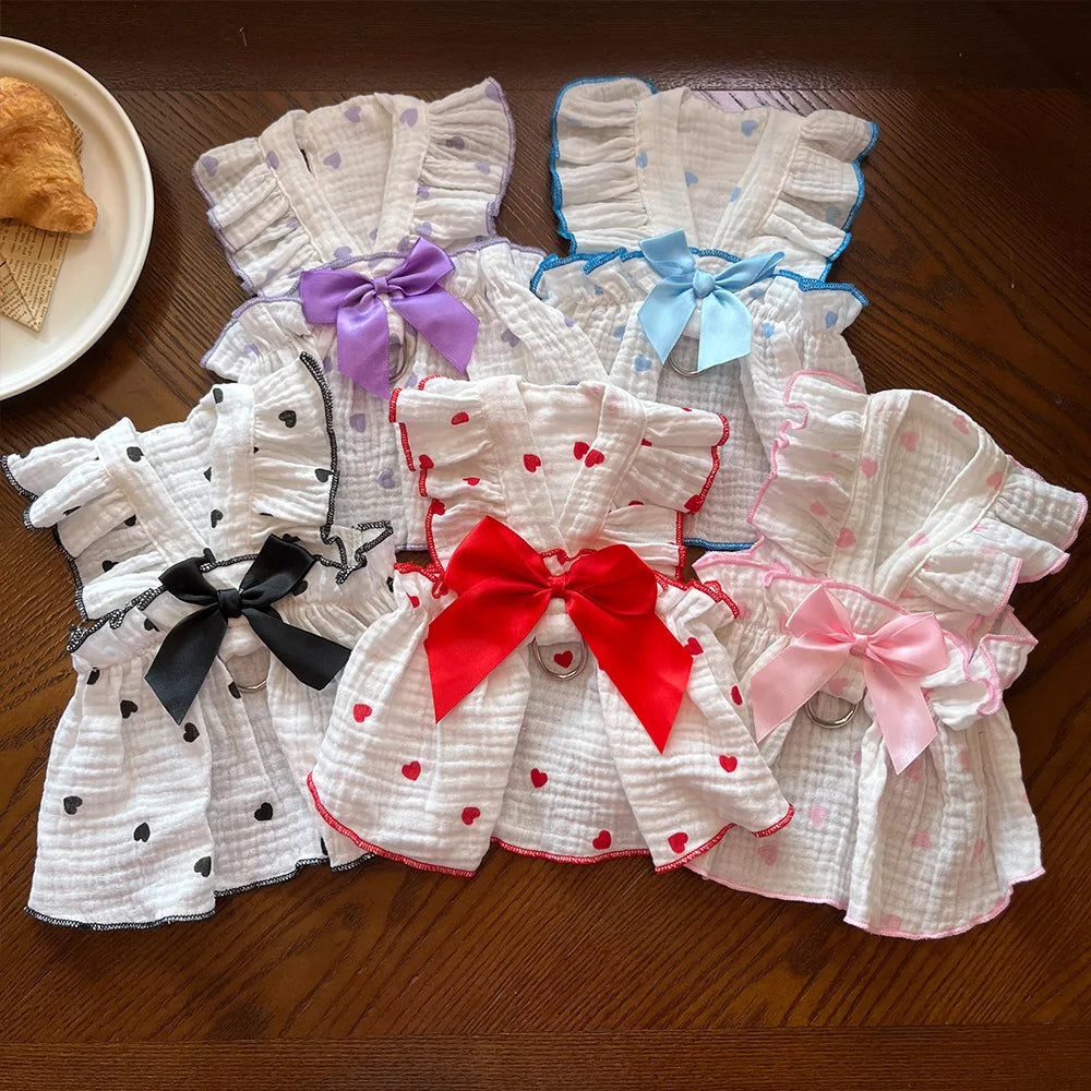Dog Dress With Heart Print Bow Small Dog Clothing