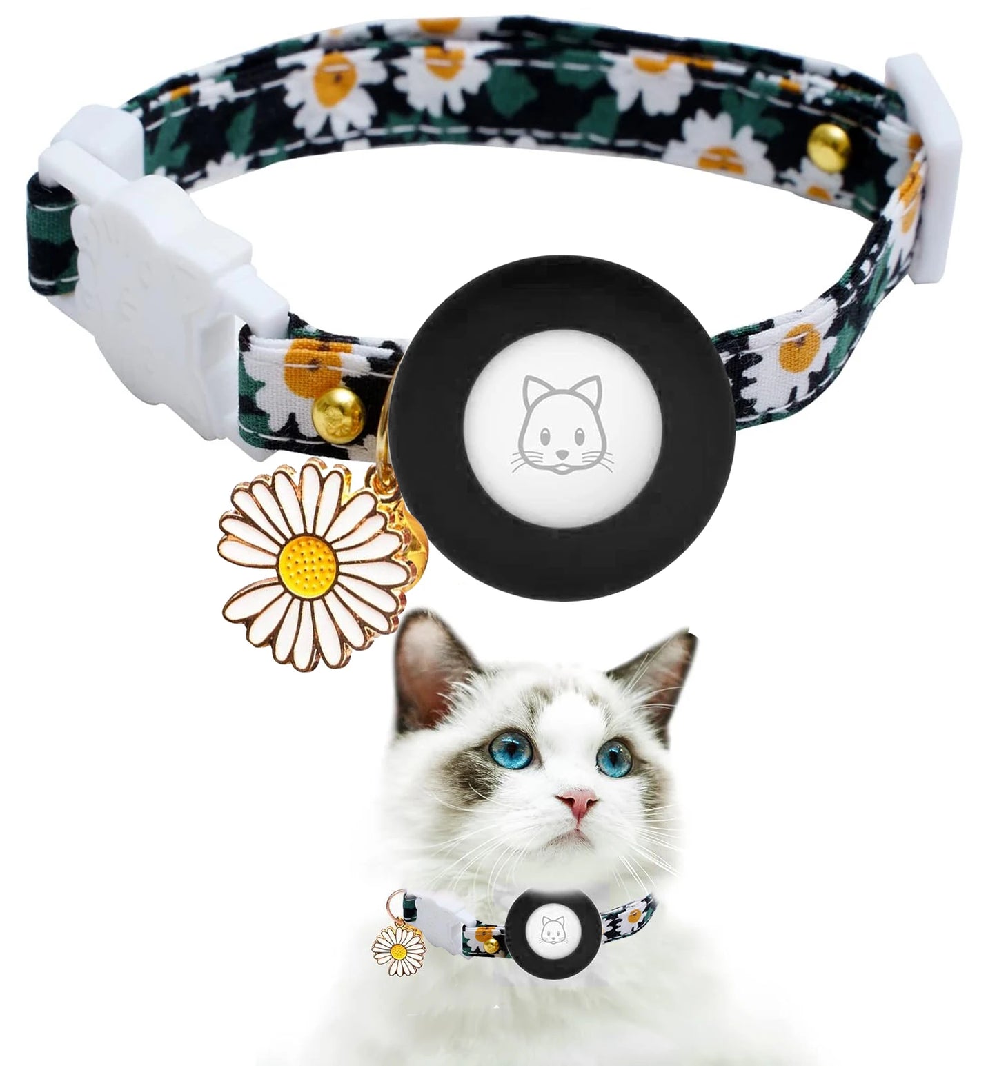Airtag Cat Collar, Kitten Collar Breakaway with Silicone Airtag Holder, Bells & Flower