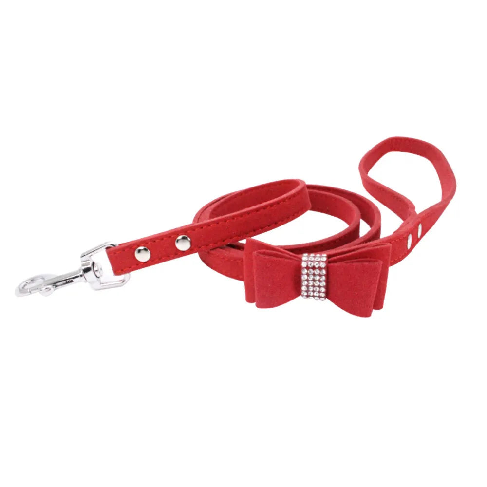Dog Velvet Leather Collar Leash With Rhinestone Set