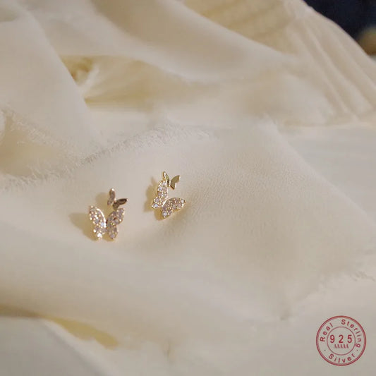 925 Sterling Silver Zircon Shiny Butterfly Stud Earrings for Women