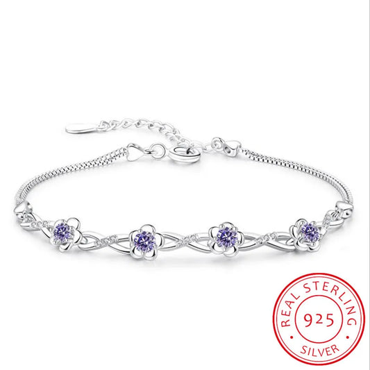 Luxury 925 Sterling Silver Bracelets Purple White Zirconia Plum Flower Bracelets & Bangles