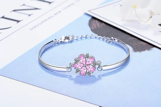 925 Sterling Silver Pink Crystal Zirconia Cherry Blossom Flower Bracelets
