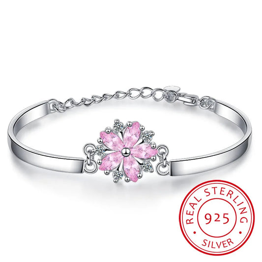 Exquisite 925 Sterling Silver Sakura Cherry Blossoms Flower Bracelets for Woman