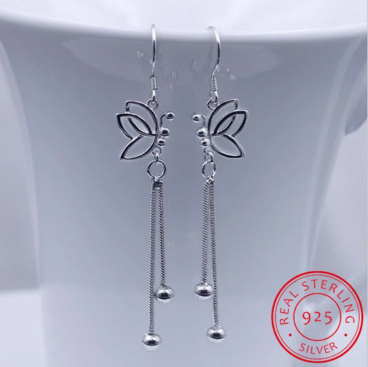 Beautiful 925 Sterling Silver Butterfly Long Tassel Beads Drop Earrings For Women