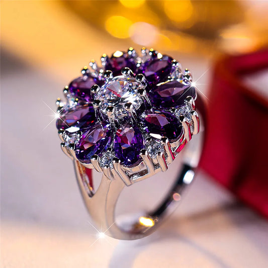 Luxury Female Crystal Purple Stone Sun Flower Ring Vintage Silver Color