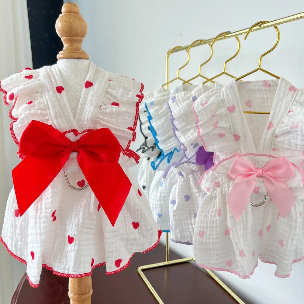 Dog Dress With Heart Print Bow Small Dog Clothing