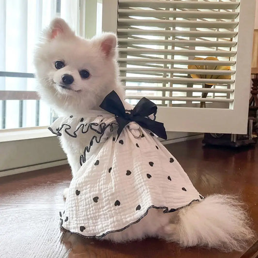 Pet Cotton Dress Love Heart Print Pet Dress with Ruffle Bowknot Decor Small Medium Dog