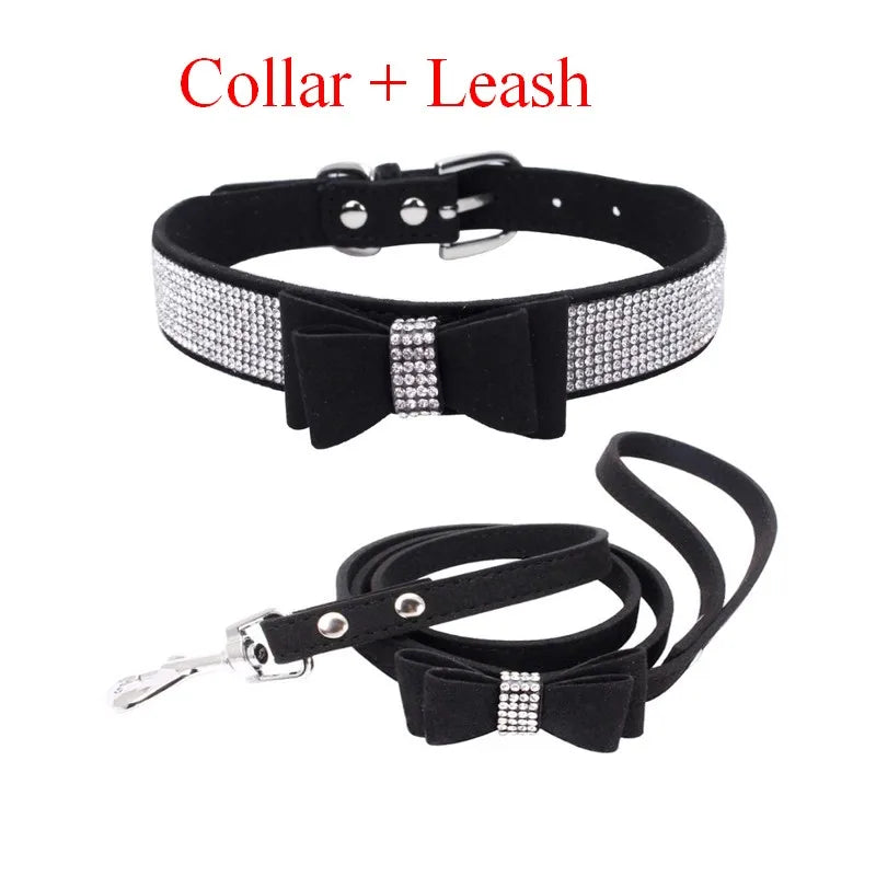 Dog Velvet Leather Collar Leash With Rhinestone Set