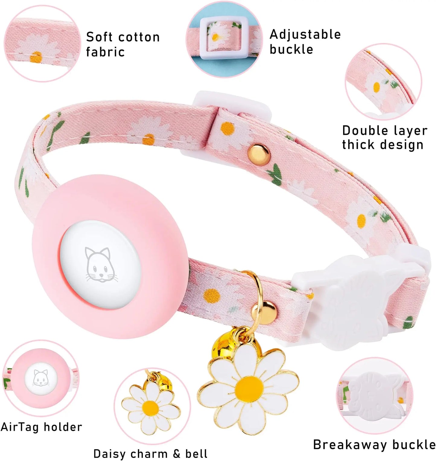 Airtag Cat Collar, Kitten Collar Breakaway with Silicone Airtag Holder, Bells & Flower
