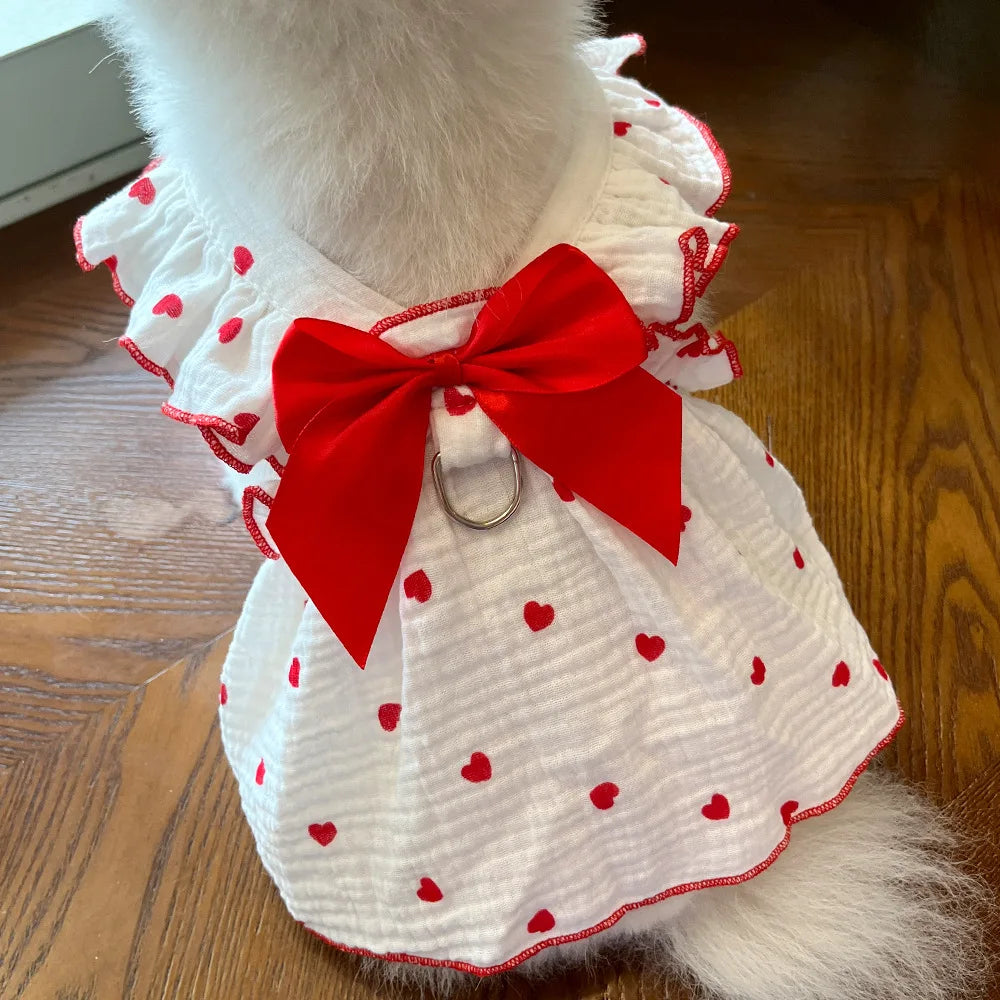 Dog Dress With Heart Print Bow Small Dog Clothing
