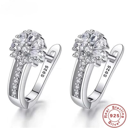 Fine Jewelry 925 Sterling Silver Earrings Inlaid With Zircon Crystal Flower