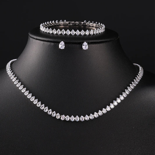 Gorgeous AAA Clear Round Cubic Zirconia Necklace Earrings Jewelry Set for Women