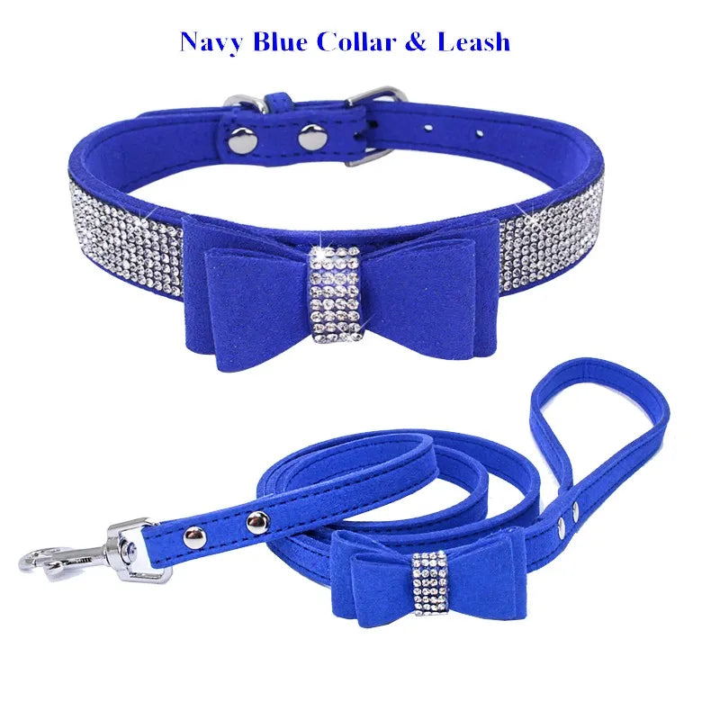 Dog Velvet Leather Collar Leash With Rhinestone Set
