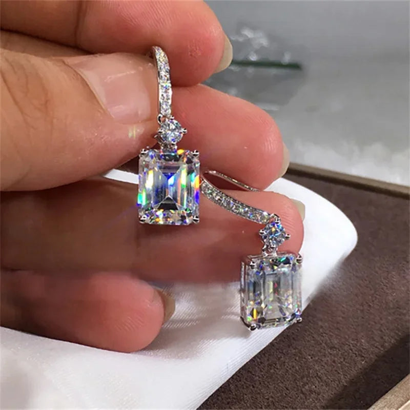 Elegant Cuboid Zircon Dangle Earrings - Sparkling Silver Plated Jewelry for Woman