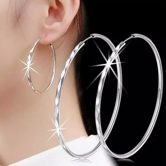 Fine 925 Sterling Silver Luxury 5CM Big Circle Hoop Earrings