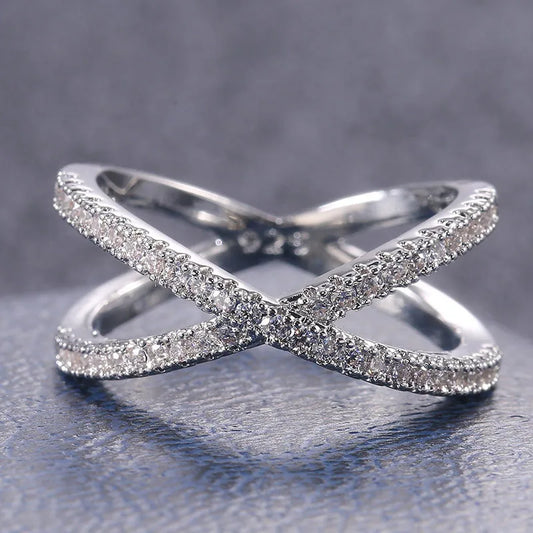 Luxury 925 Sterling Silver Cross X Shape Women Ring CZ Stone Elegant Simple