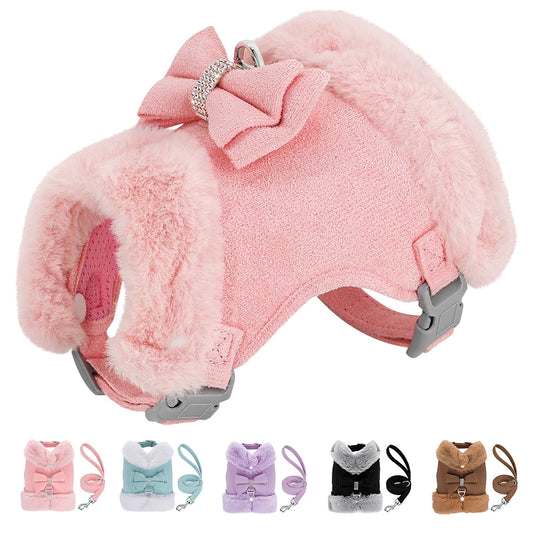 Warm Fur Dog Harness and Leash Set Rhinestone Bowknot