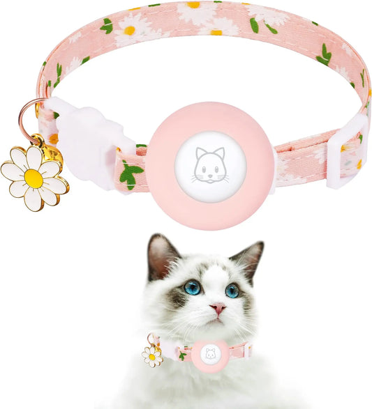 Airtag Cat Collar, Kitten Collar Breakaway with Silicone Airtag Holder, Bells & Flower