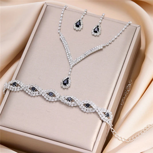 3 Pcs Luxury Rhinestone Jewelry Set for Women Water Drop Crystal Earrings  Necklace Bracelet