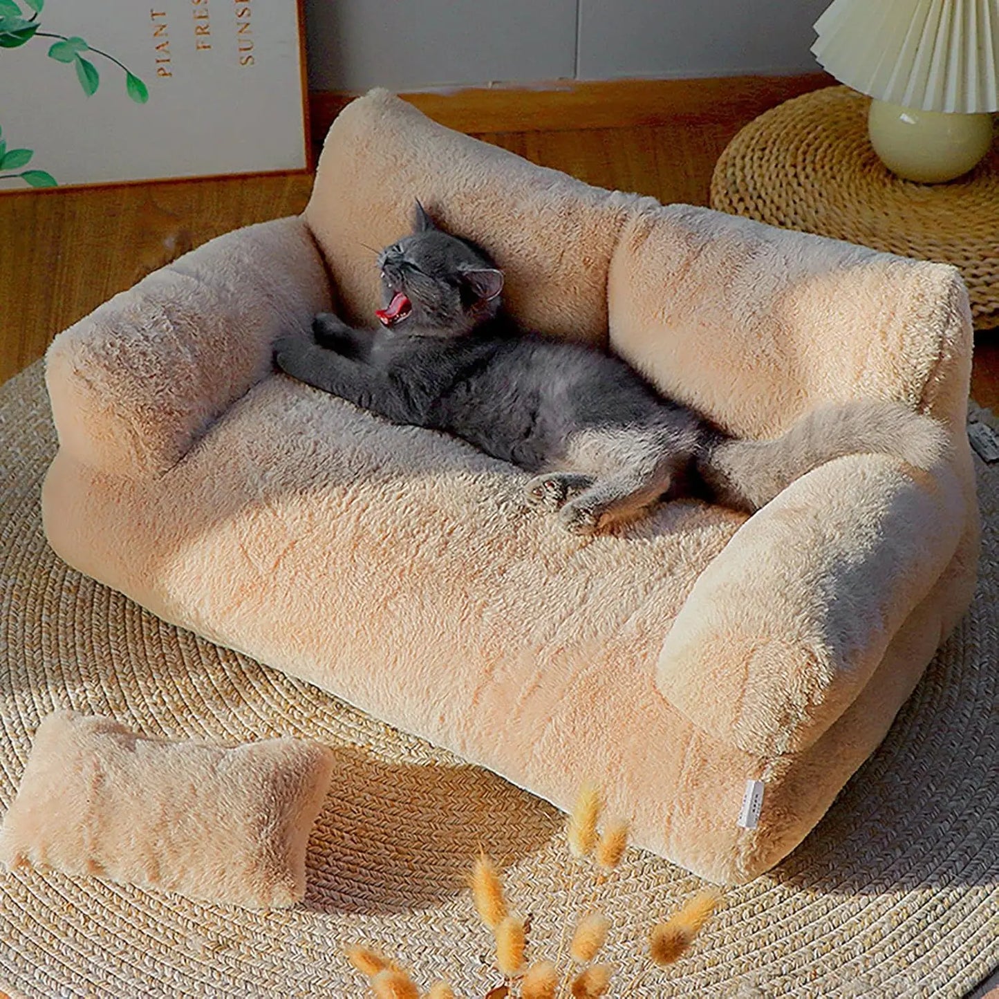 Plush Sofa Bed for Cats and Small Medium Dogs, Memory Foam Removable Washable Pet Sofa
