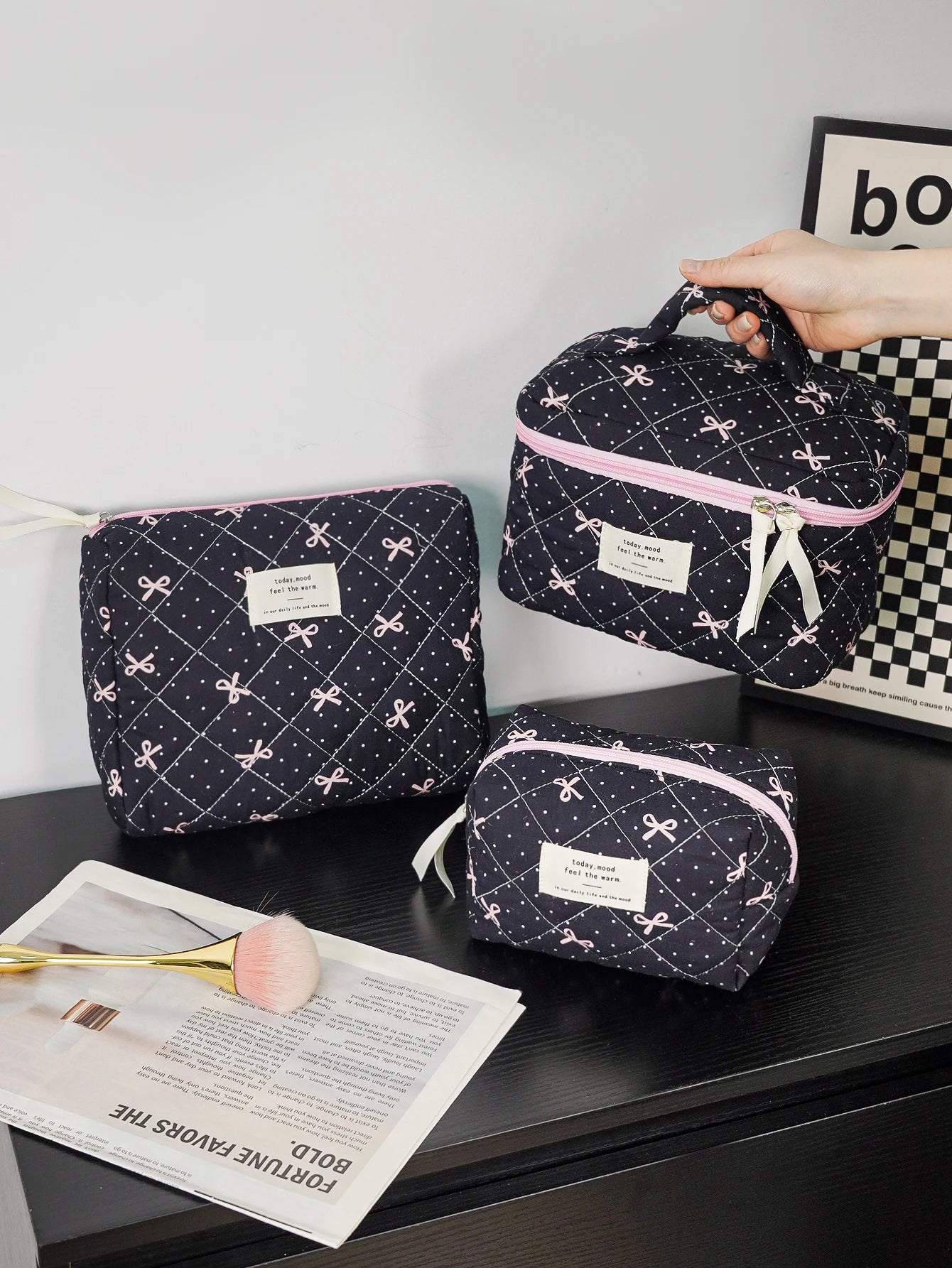 1pc/set Bow Quilted Makeup Bag, Multifunctional Portable Makeup Bag