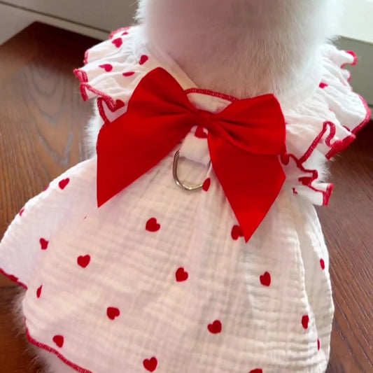 Dog Dress With Heart Print Bow Small Dog Clothing