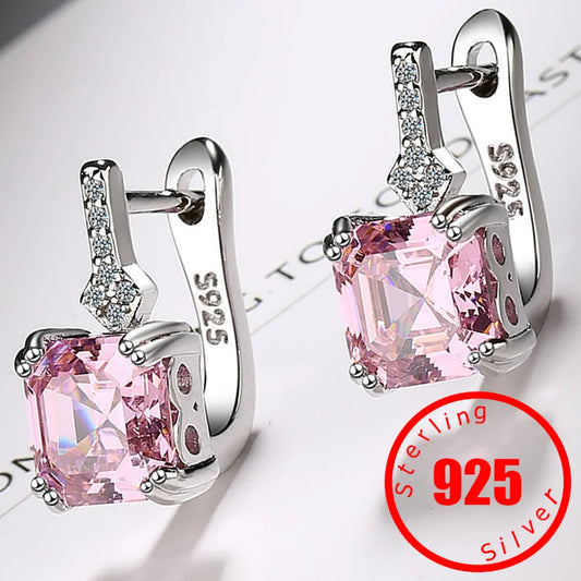 Beautiful Stamp 925 Sterling Silver needle Square Crystal Gemstone Hoop Earrings For Women
