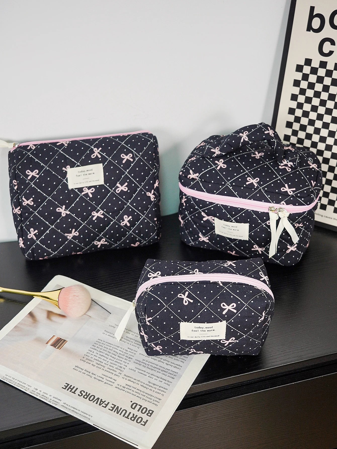 1pc/set Bow Quilted Makeup Bag, Multifunctional Portable Makeup Bag