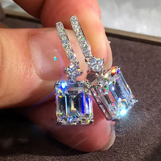 Elegant Cuboid Zircon Dangle Earrings - Sparkling Silver Plated Jewelry for Woman