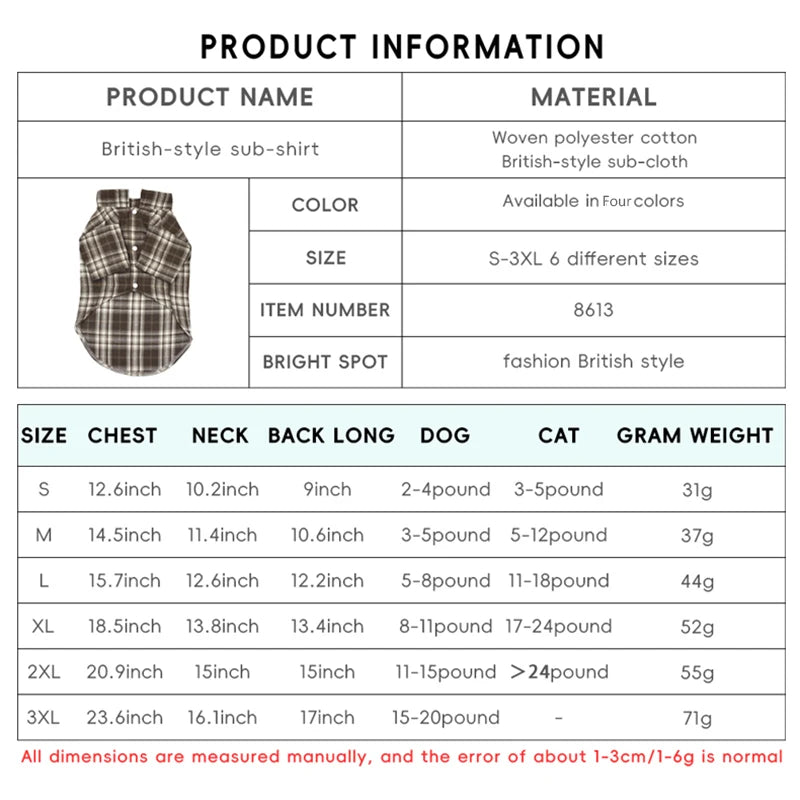 British Style Cat Dog Shirt Spring Summer Pet Clothes with D-ring for Small Dogs