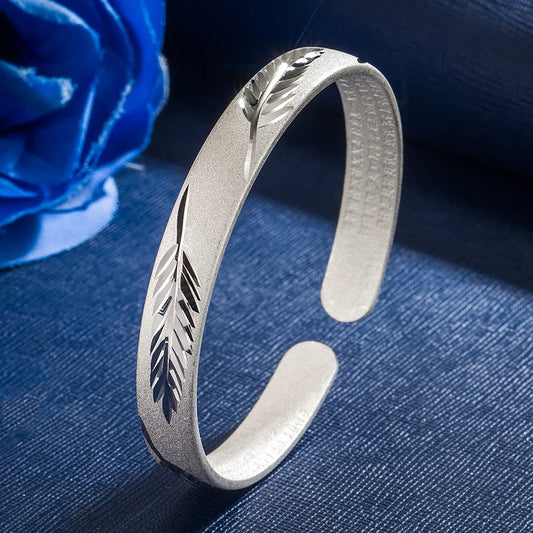 Fashion 925 Sterling Silver Leaf Frosting Cuff Bangle Bracelets For Women