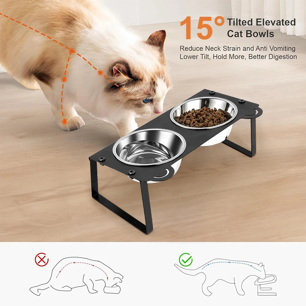 Elevated Cat Food Water Bowls 2 Stainless Steel Bowls with Metal Stand