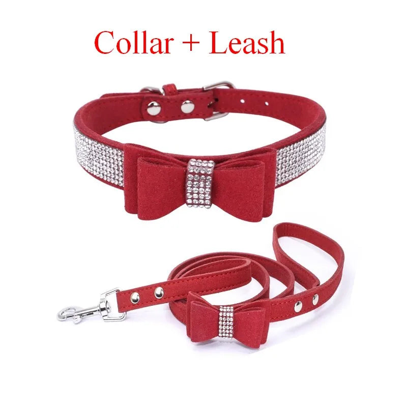 Dog Velvet Leather Collar Leash With Rhinestone Set