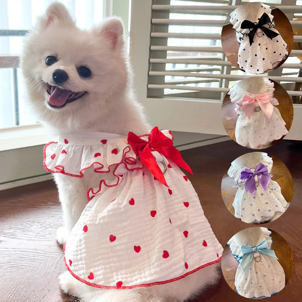 Dog Dress With Heart Print Bow Small Dog Clothing