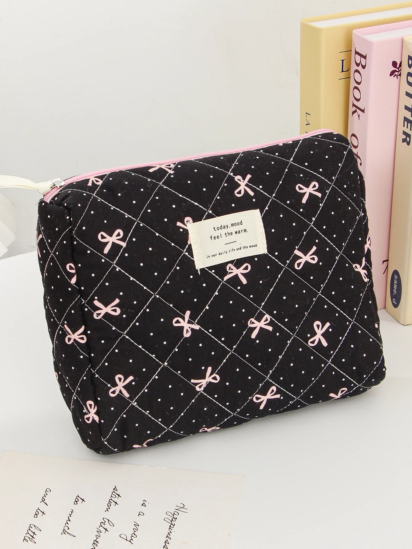 1pc/set Bow Quilted Makeup Bag, Multifunctional Portable Makeup Bag