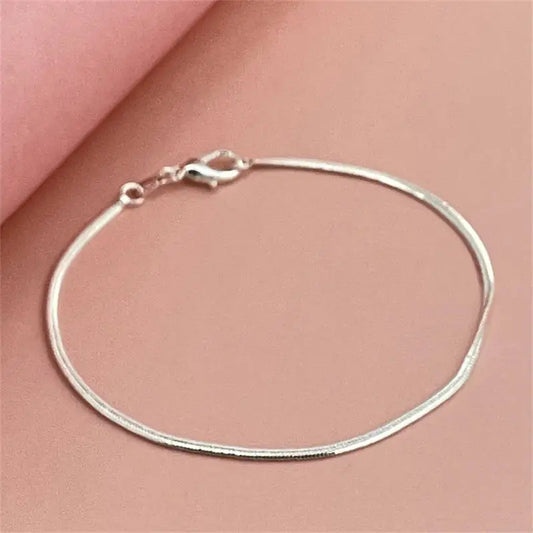 Elegant 925 Sterling Silver Bracelet 2mm Flat Snake Bone Chain 20CM for Women / Men