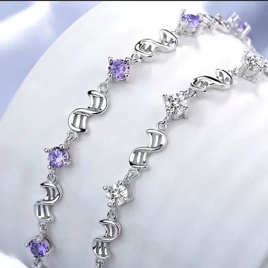 Luxury designer 925 Sterling Silver Bracelet for women  White Purple Cubic Zirconia Length 17CM+4CM