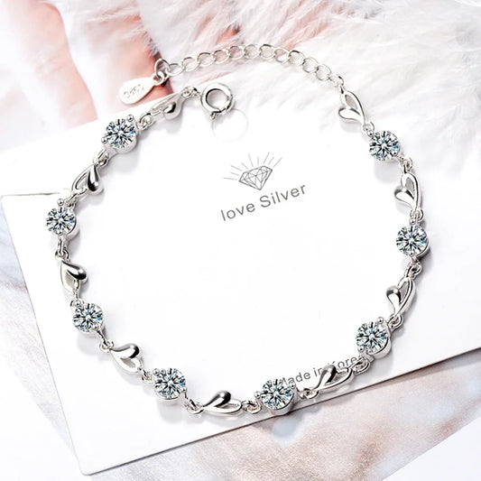 925 Sterling Silver Heart Zircon Bracelet Women's Luxury Jewelry