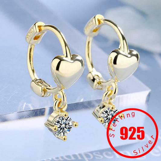 Elegant 925 Sterling Stamp  Silver Short Love Heart Round Zircon Hoop Earrings for Women