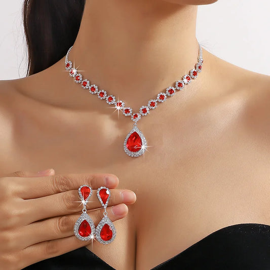 Luxury Red Green Blue Crystal Necklace Earrings For Women Water Drop Pendant