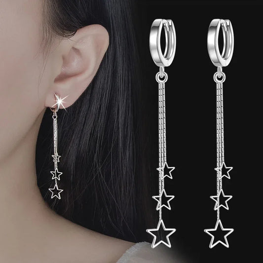 Elegant Three Stars Hoop Earrings For Women 925 Sterling Silver