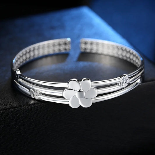 Beautiful 925 Sterling Silver Flower Open Bangle Bracelets For Women Luxury Jewelry