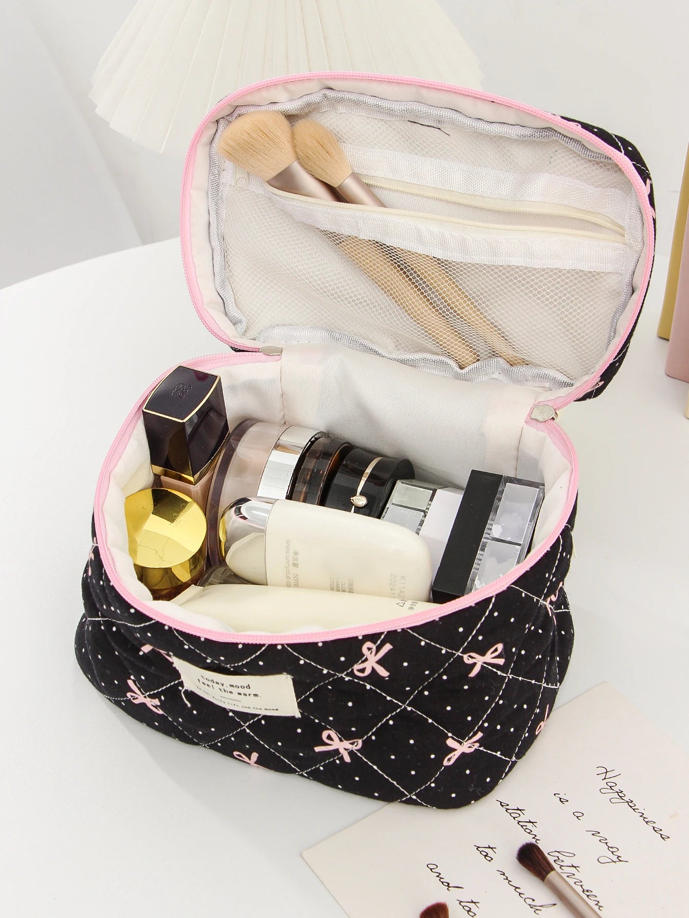 1pc/set Bow Quilted Makeup Bag, Multifunctional Portable Makeup Bag