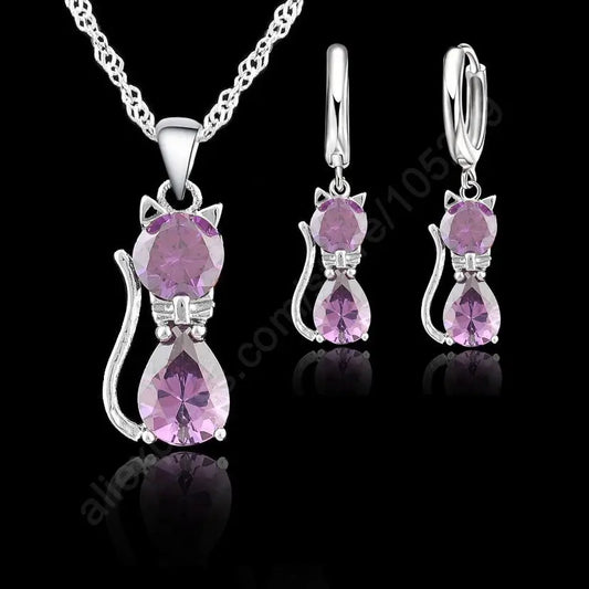 Hot Fashion Silver CZ Jewelry Sets 925 Silver  Cute Cat Shaped Necklace Hoop Earring Set