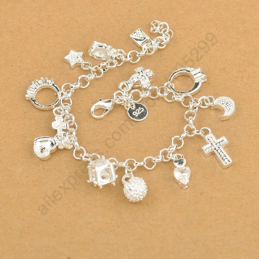 Exquisite Real 925 Sterling Silver Charm Pendants Bracelet With Cross Moon Heart Clock