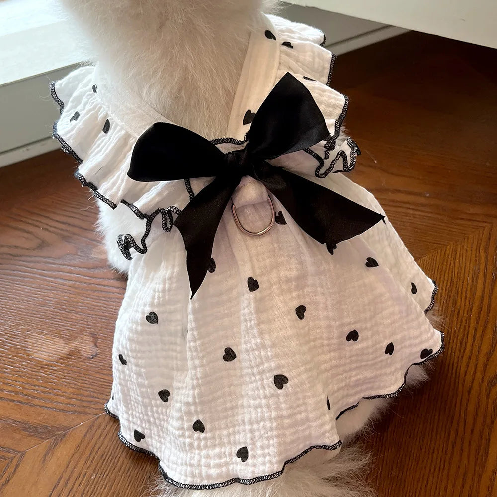 Dog Dress With Heart Print Bow Small Dog Clothing